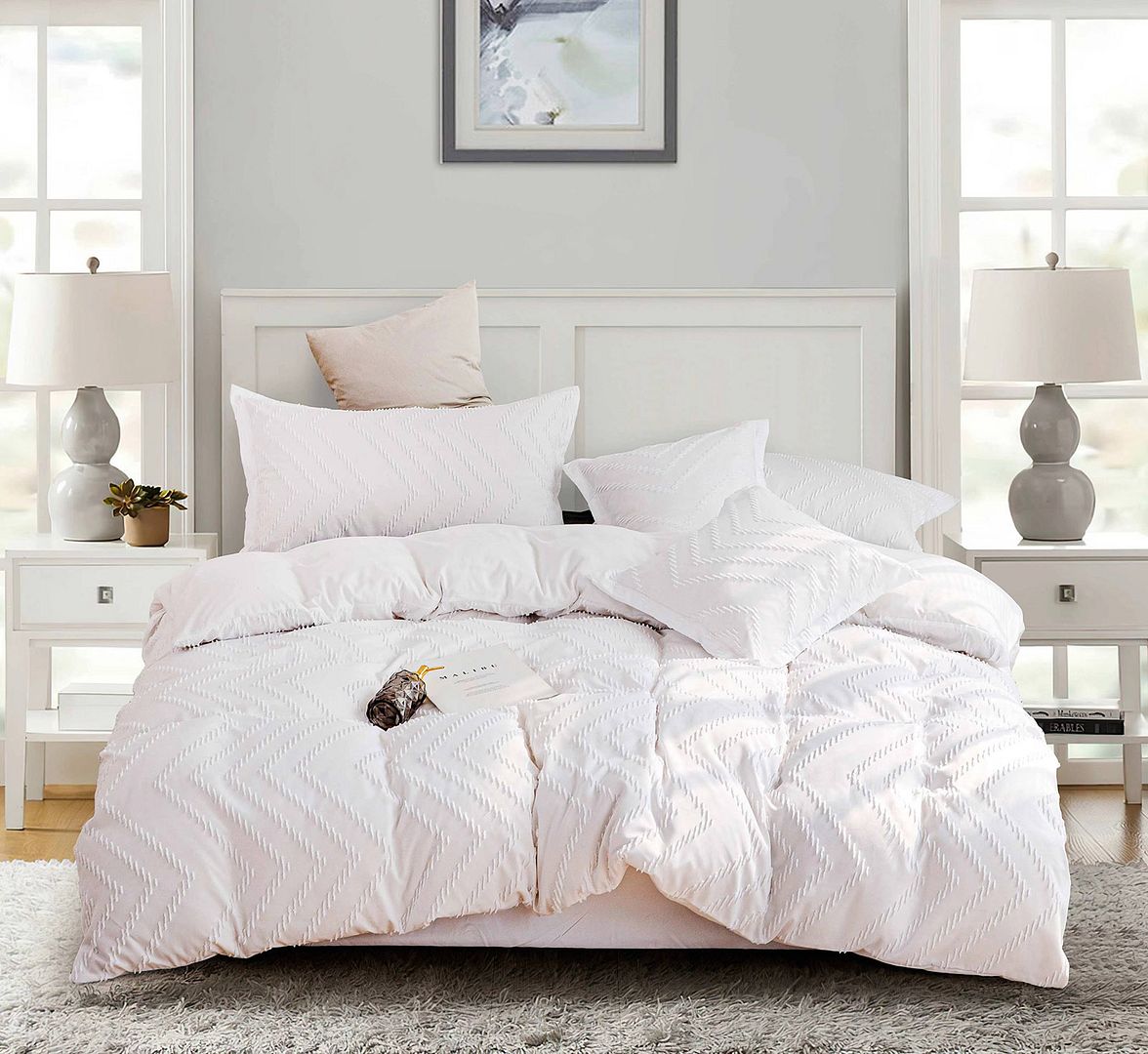 Tufted Boho Wave Jacquard White Duvet Quilt Cover Set – Queen
