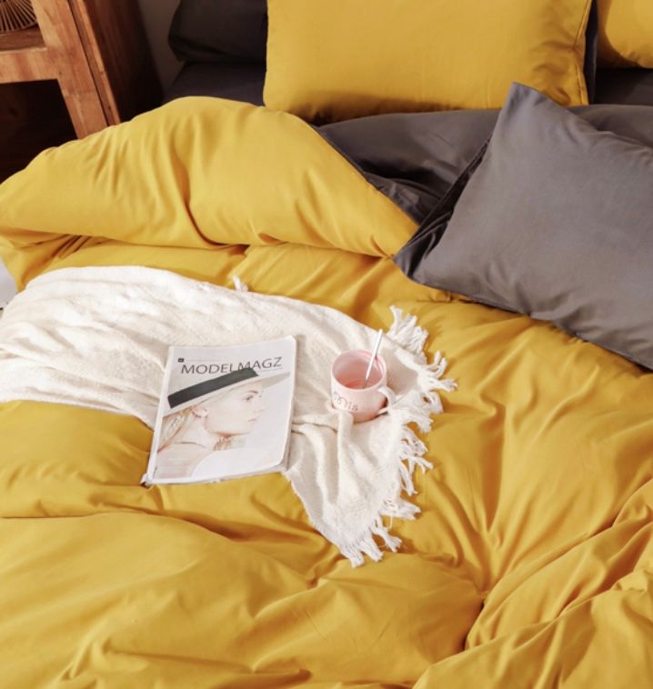 Linden Reversible Quilt Cover Set – Yellow & Grey – Queen