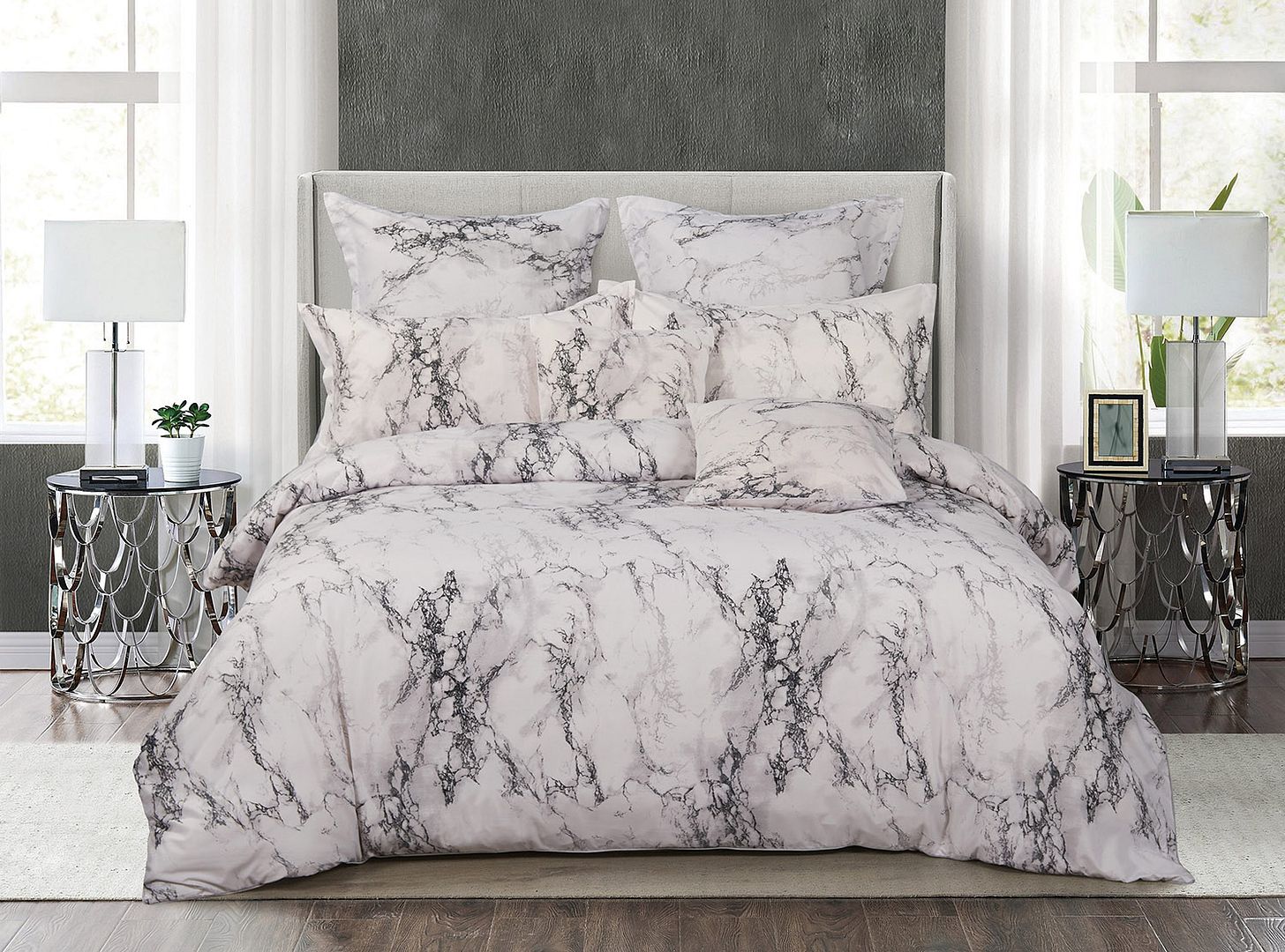 Linden White Marble Duvet Quilt Cover Set – Queen