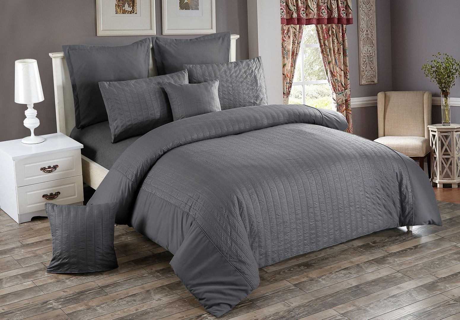 Alderon Seersucker Quilt Cover Set – Grey / Charcoal – Queen