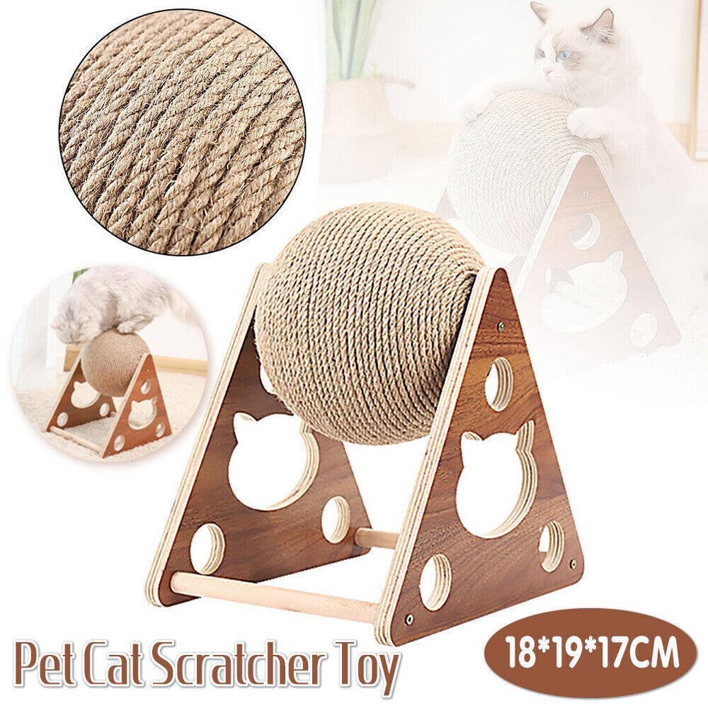Linden Wooden Cat Scratcher Toy with Rotating Sisal Ball Scratch Post Triangle Frame