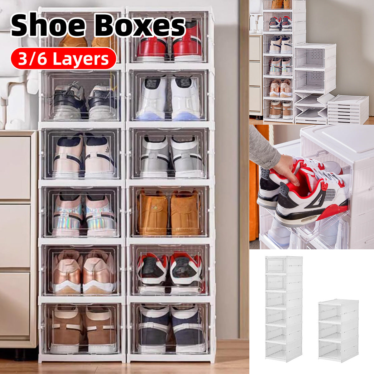 Easy Assemble Shoe Box Foldable Rack 3/6 Layers Storage Transparent Drawers - 3 - Tier