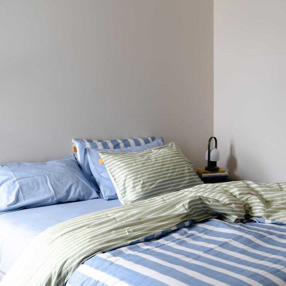 Nova Cotton Quilt Cover Set – Blue Green White Stripe – Queen