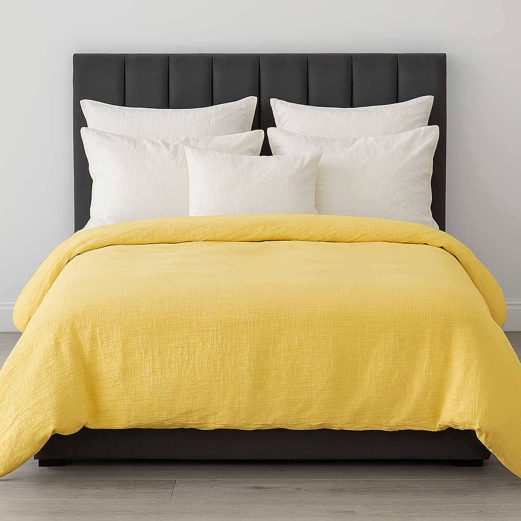 Linden 100% Cotton Muslin Duvet Quilt Cover Set w/ 2 Pillow Cases in Yellow – Super King