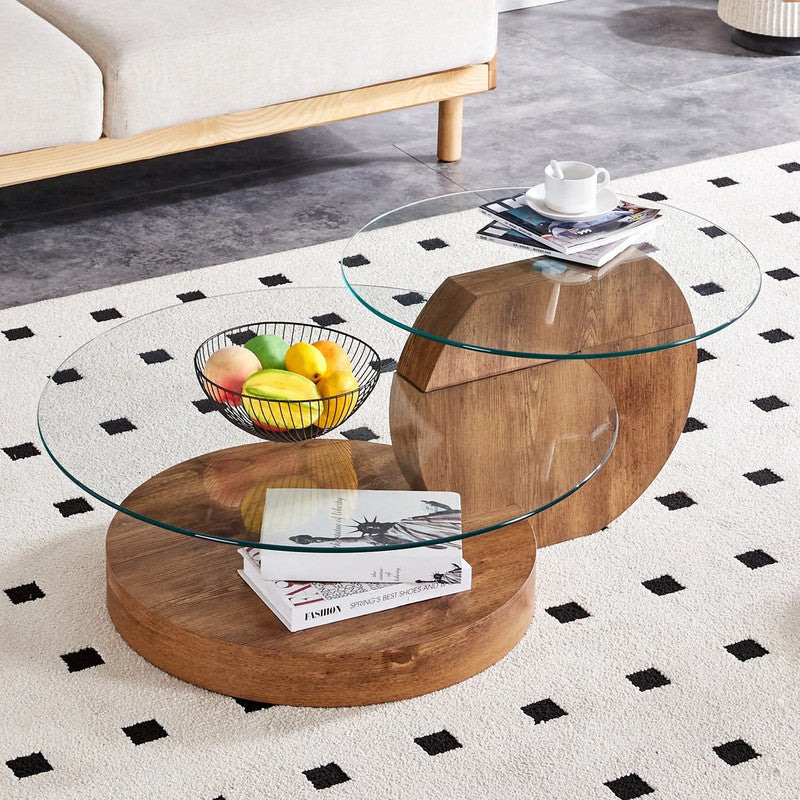 MINORI ' Layer Clear Tempered Glass Dark Wood Grain Coffee Table – Double