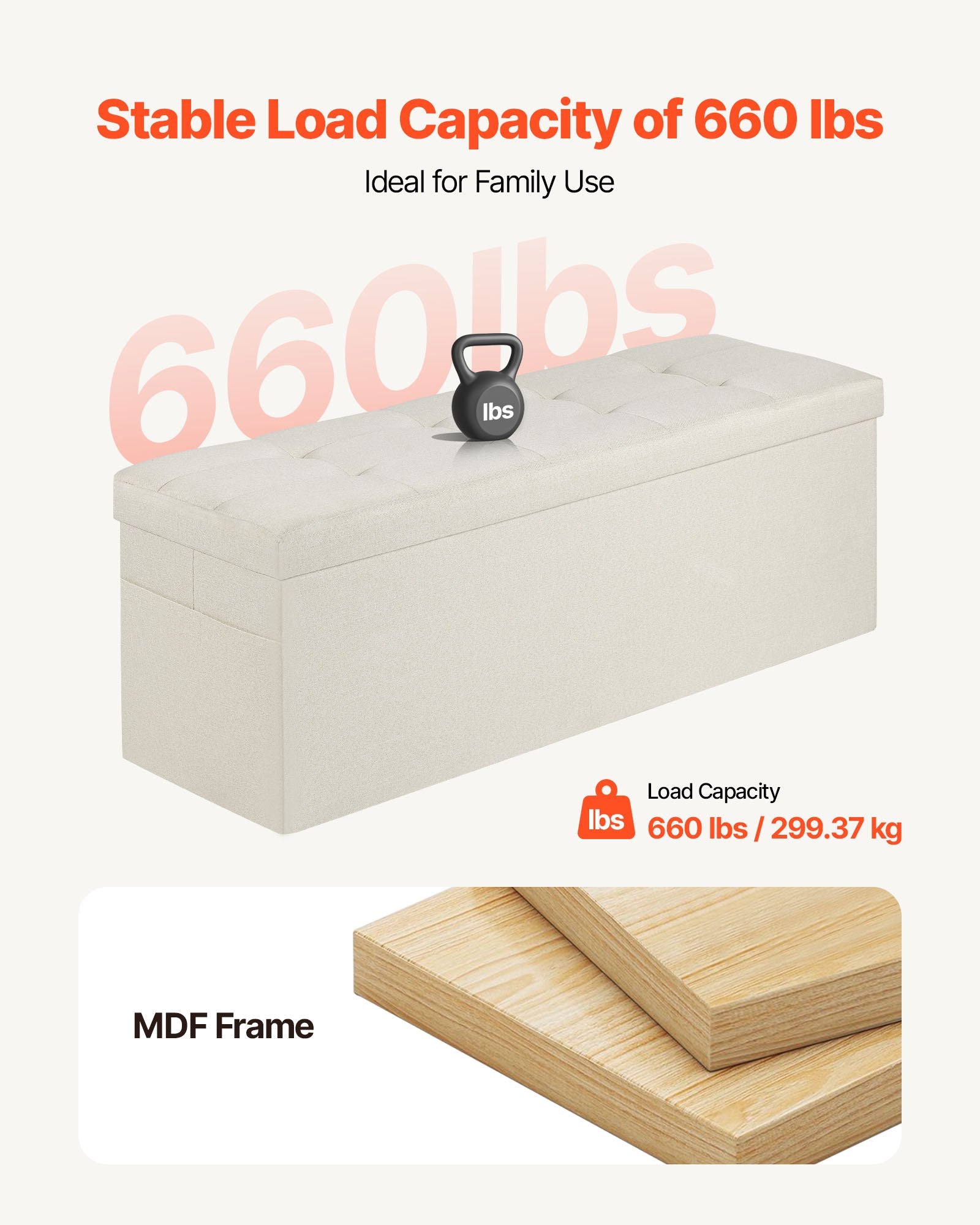 Harlow Foldable Storage Ottoman Bench – Beige