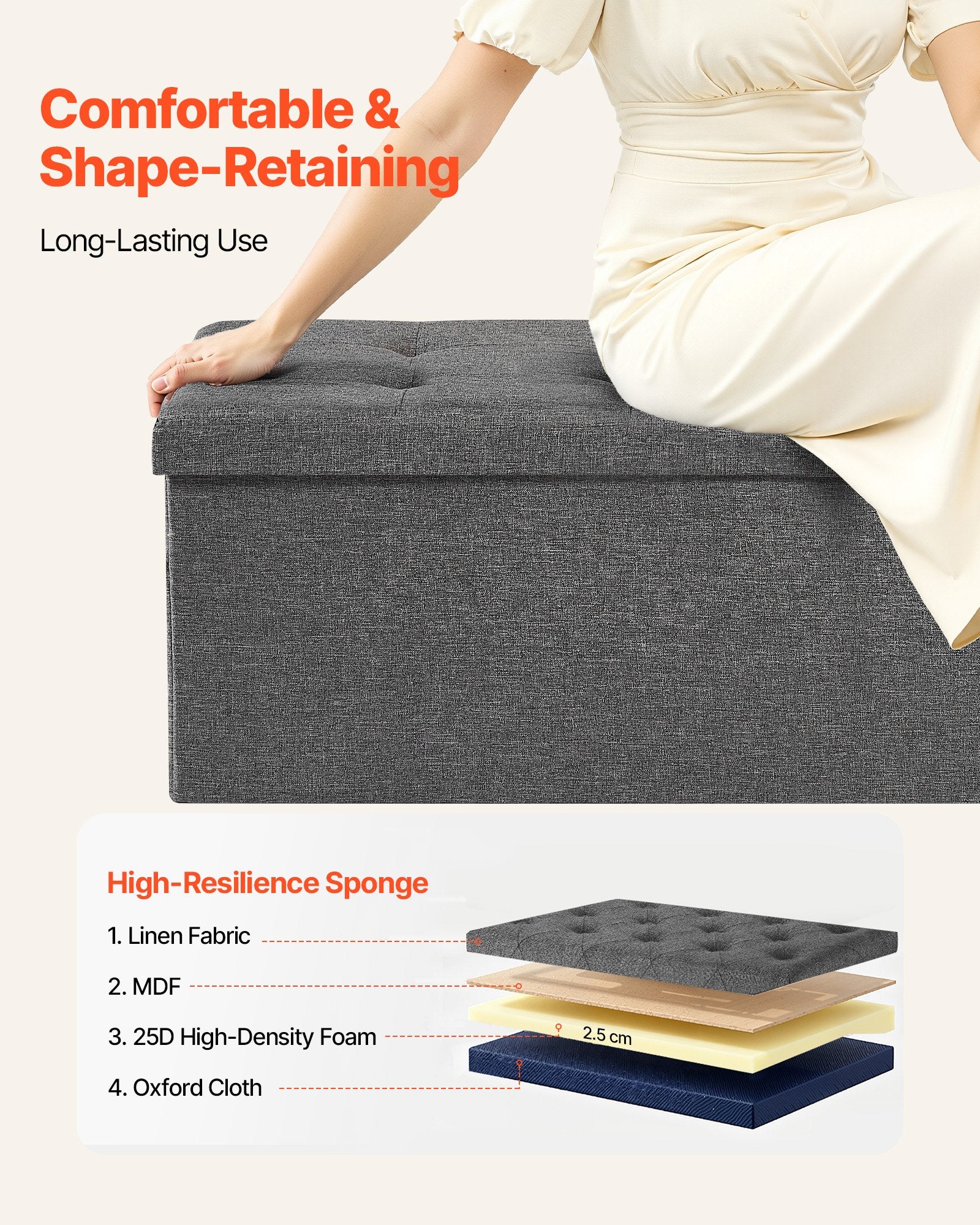Harlow Foldable Storage Ottoman Bench – Grey