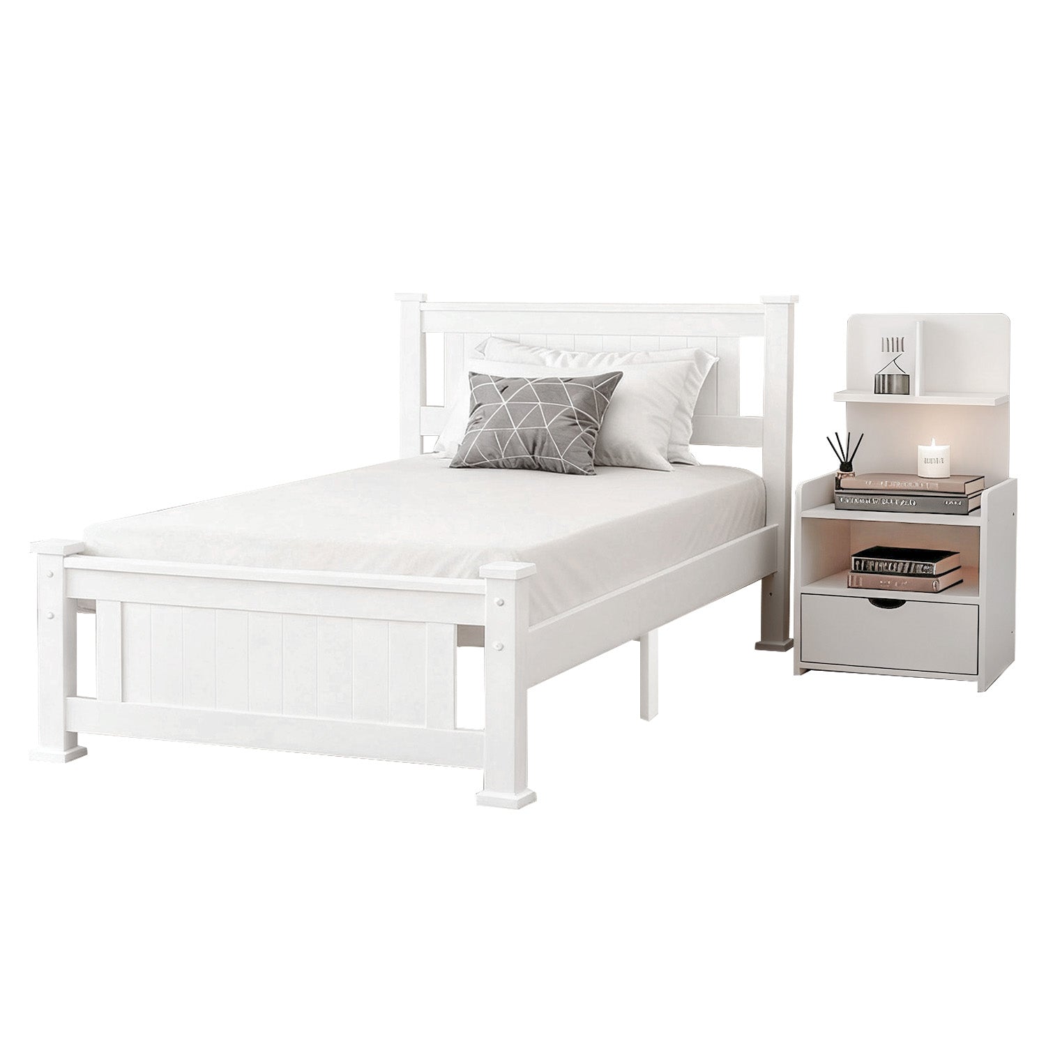Haven Bed Frame and Bedside Table White – King Single
