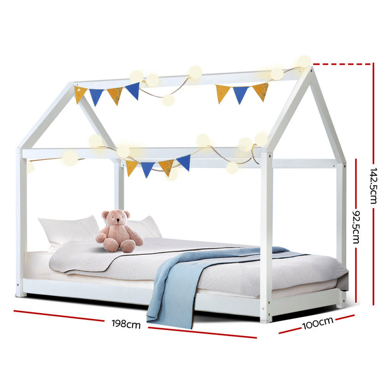 SINGLE Size - Wooden Kids House Bed Frame - White