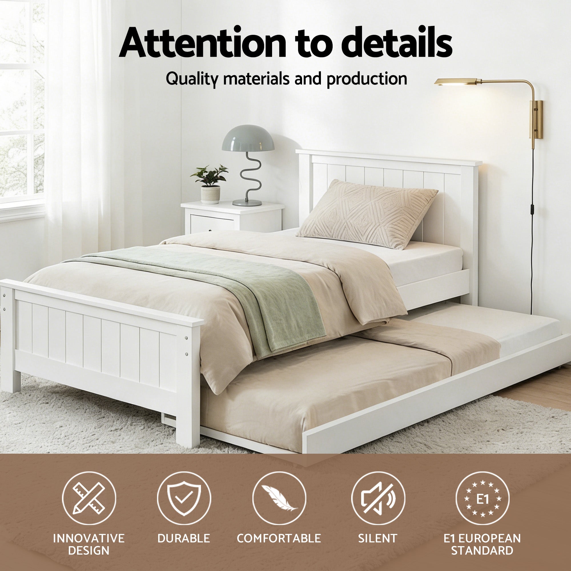 Marlow Wooden Trundle Bed Frame – White – King Single