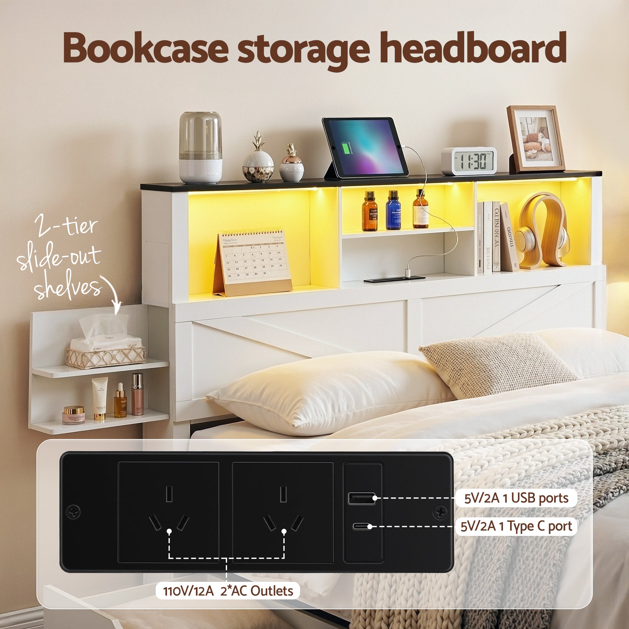 Linden Bed Frame with Storage, LED & Charging Station – White – Double