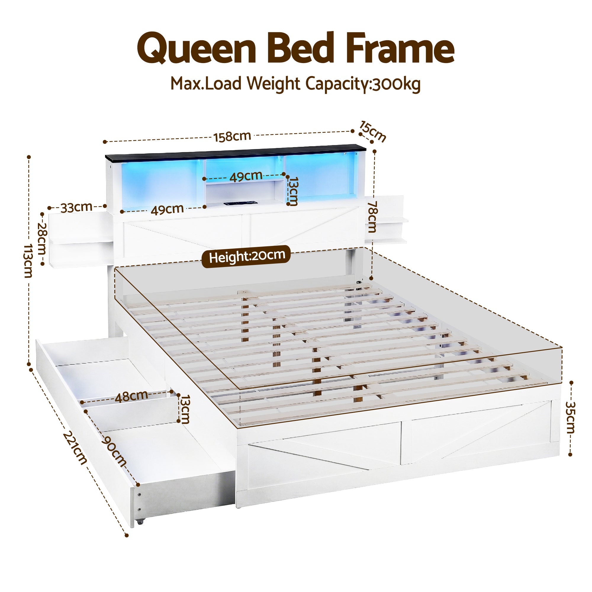 Linden Bed Frame with Storage, LED & Charging Station – White – Queen