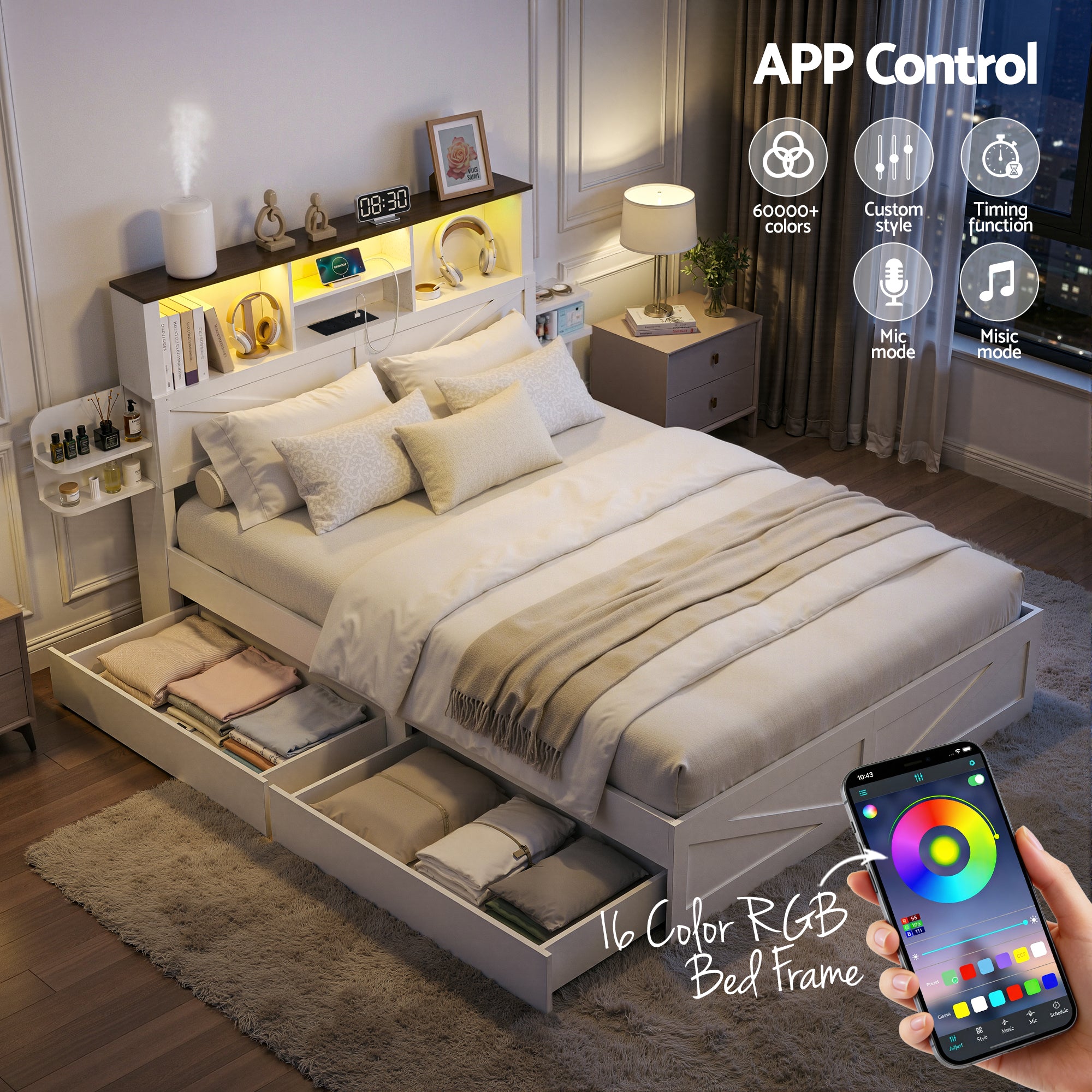 Linden Bed Frame with Storage, LED & Charging Station – White – Queen