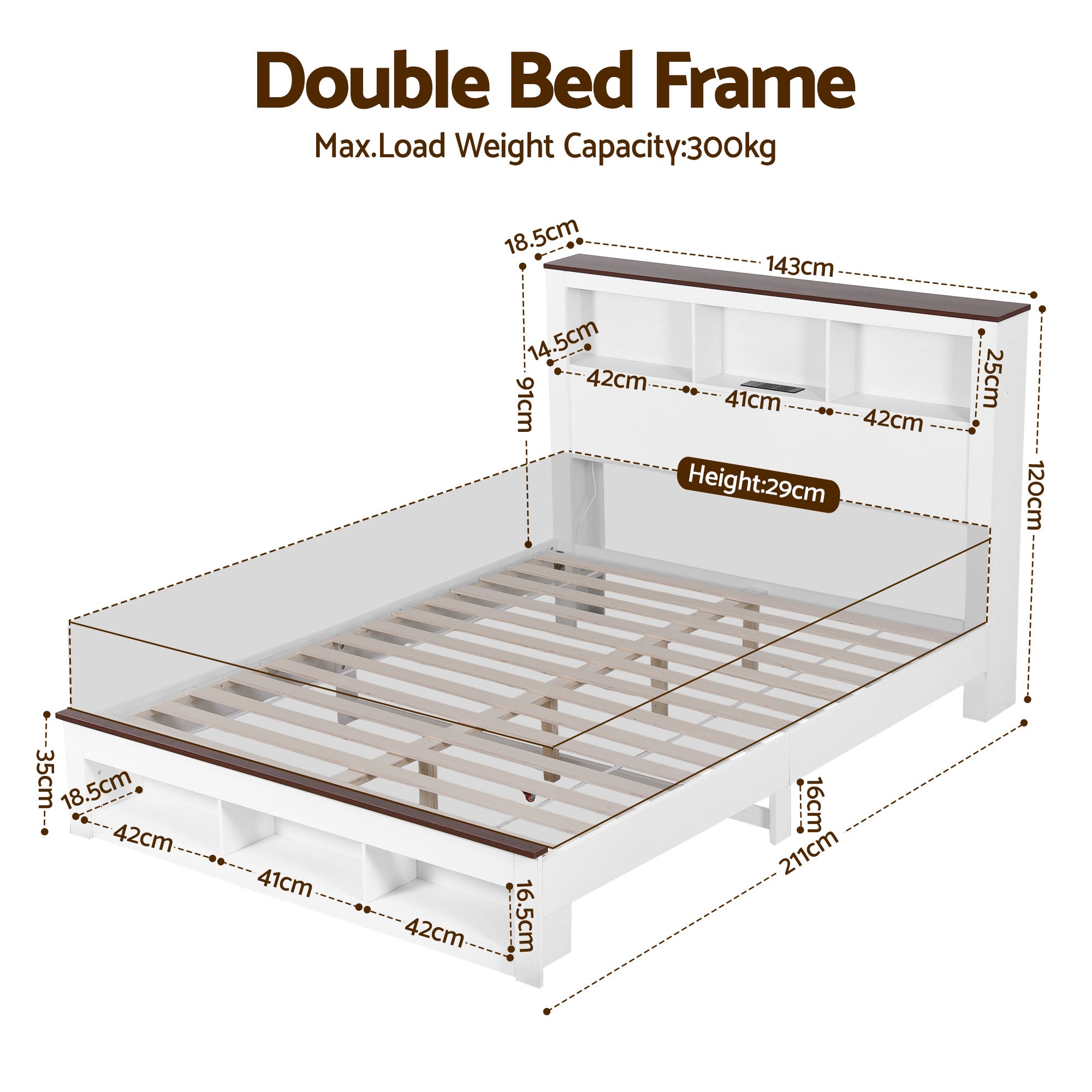 Linden Bed Frame with Storage, LED & Charging Station – White – Double