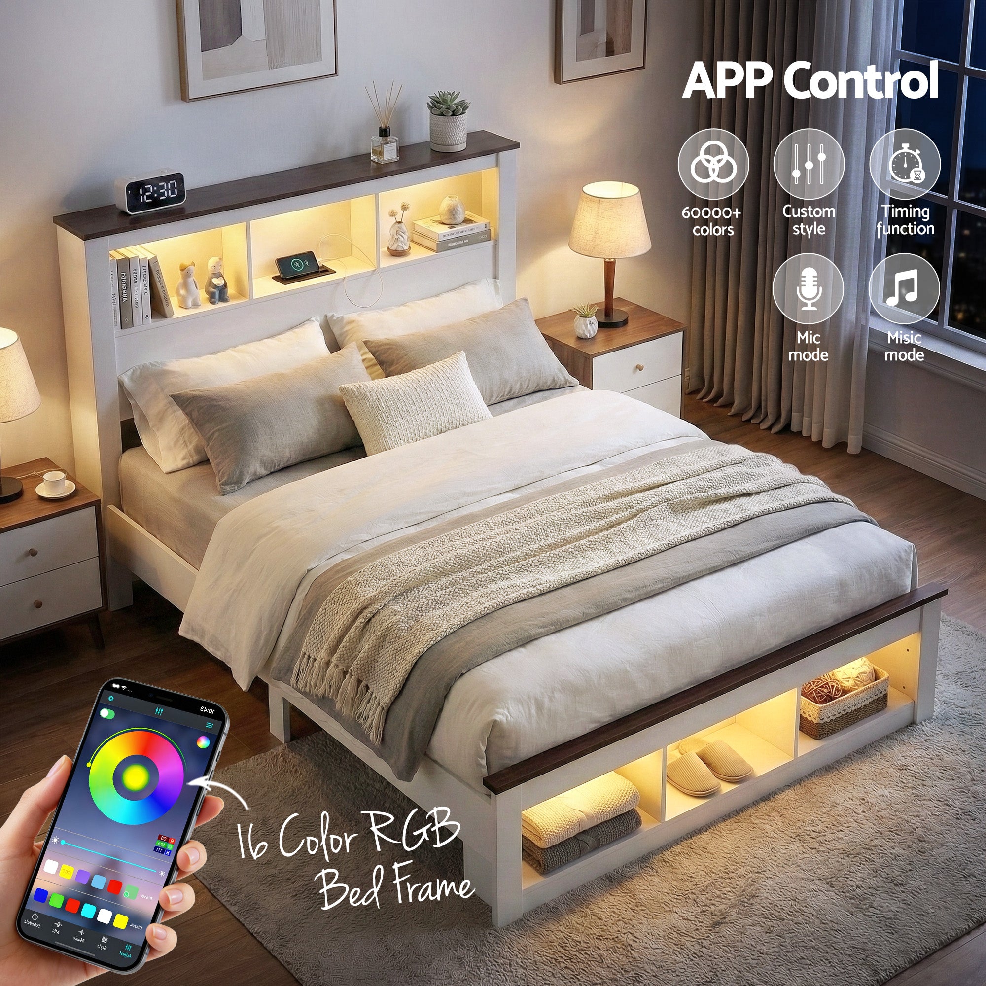 Nova Wooden Bed Frame with Storage, LED & Charging Station – White – Double