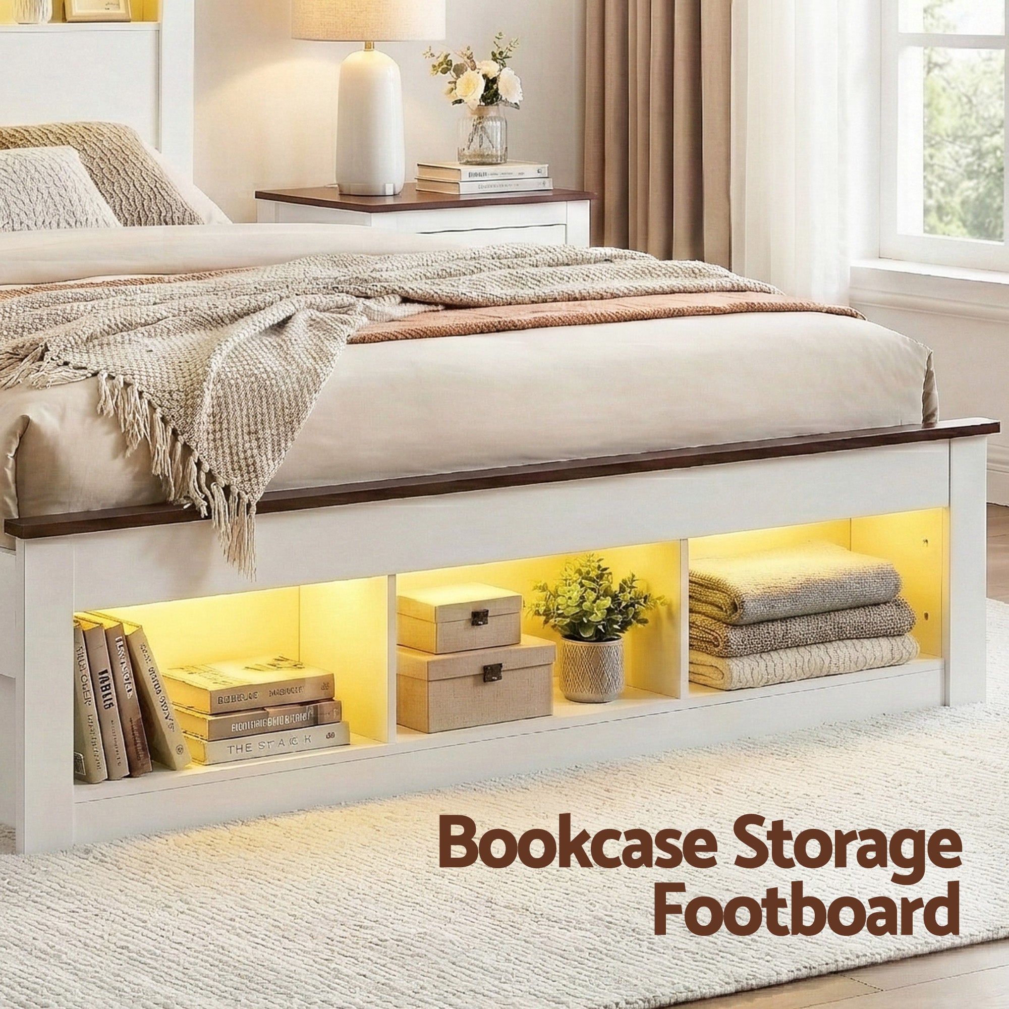 Nova Wooden Bed Frame with Storage, LED & Charging Station – White – Double