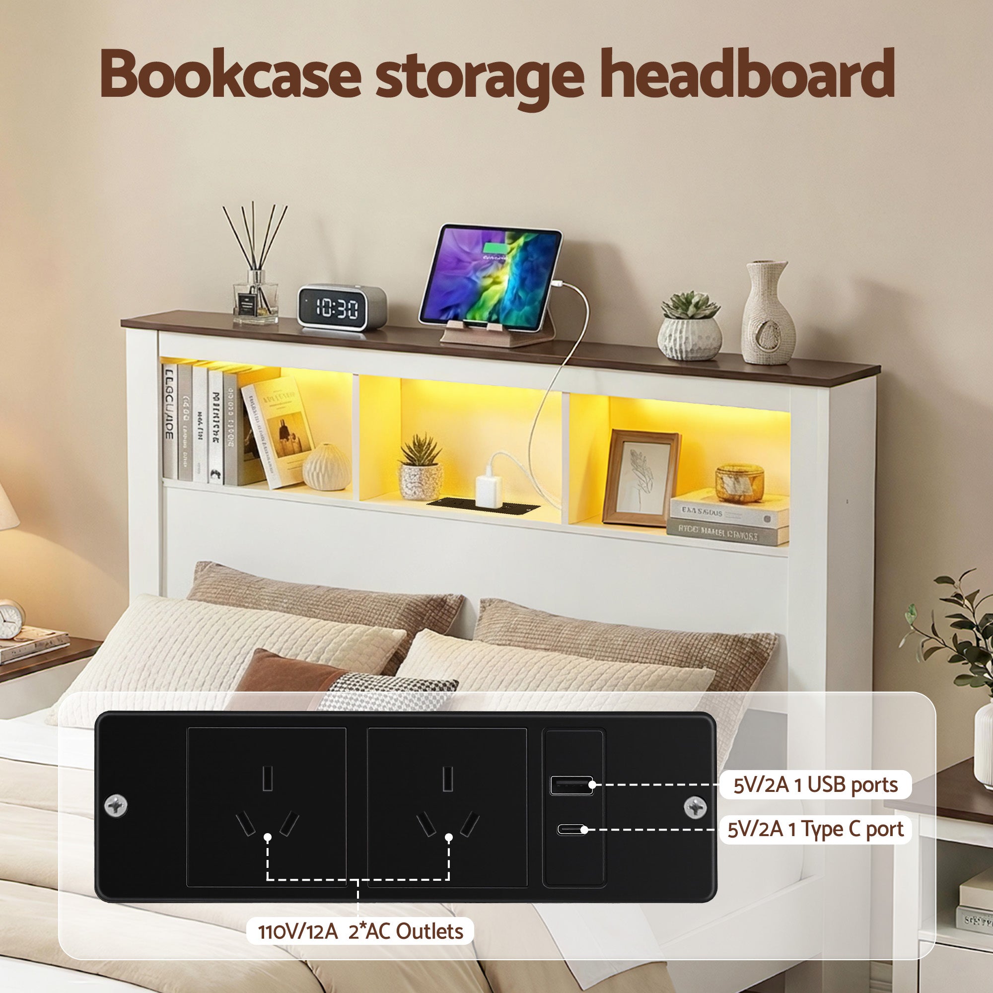 Nova Wooden Bed Frame with Storage, LED & Charging Station – White – Queen