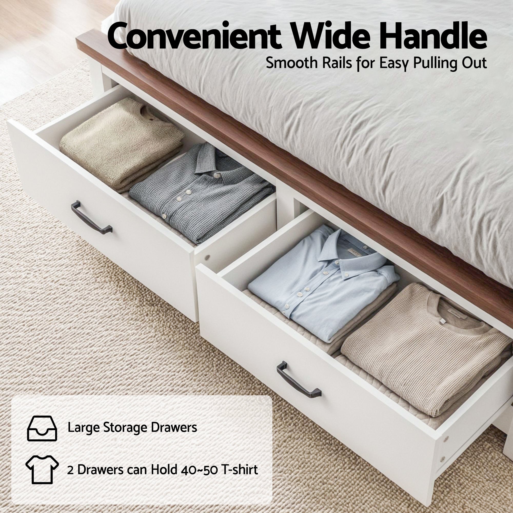 Rowan Wooden Bed Frame with Storage Drawers – White – Queen